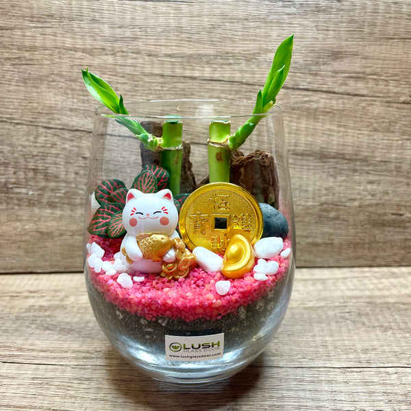 Auspicious Huat Huat Cat Lucky Bamboo Terrarium