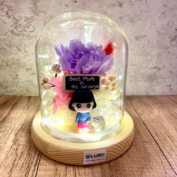 Motherly Sparkling Carnation Preserved Flower Glass Dome with Fairy Light